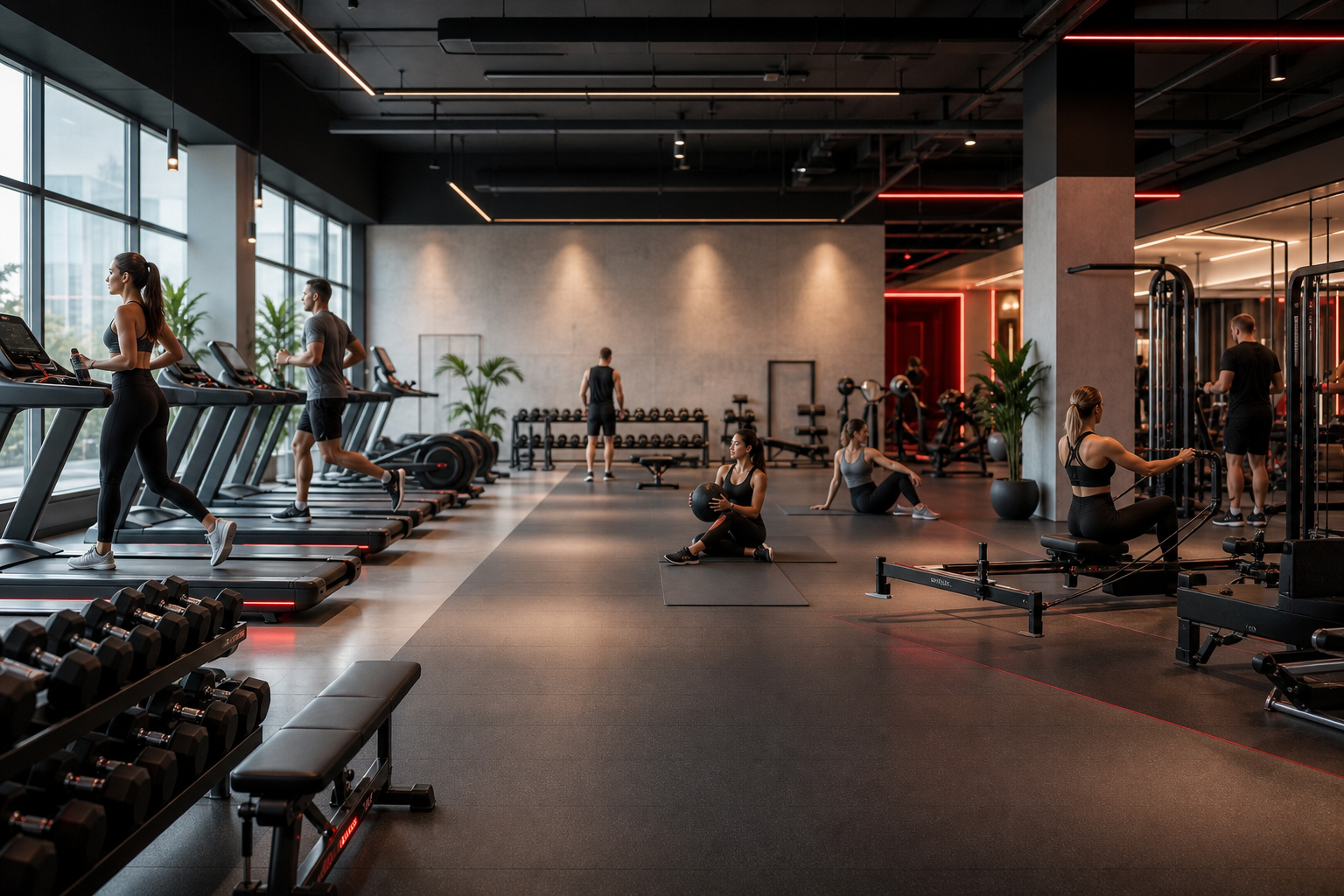 Modern fitness club with gym equipment and training space